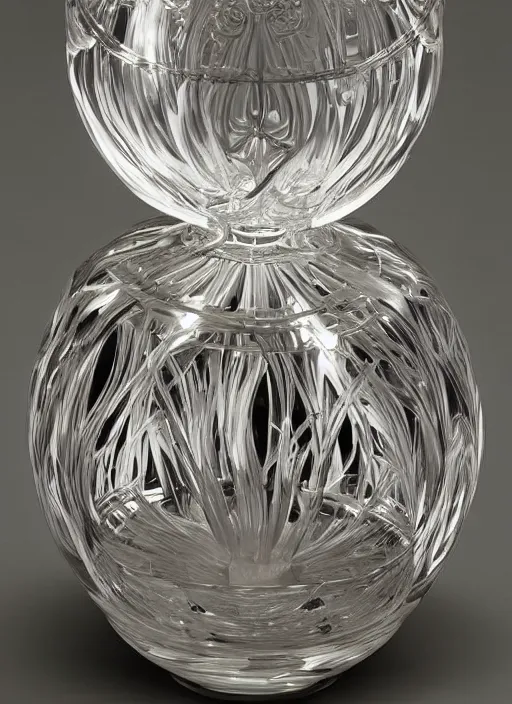Image similar to Escher inspired flowerpot, with flowers, designed by Rene Lalique