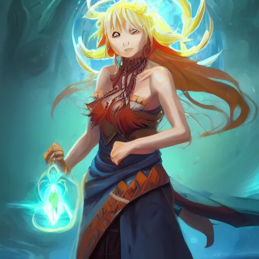 Image similar to anime portrait of Nami as a shaman yedi using dark force to eliminate trump as an anime antagonist by Stanley Artgerm Lau, WLOP, Rossdraws, James Jean, Andrei Riabovitchev, Marc Simonetti, and Sakimichan, trending on artstation