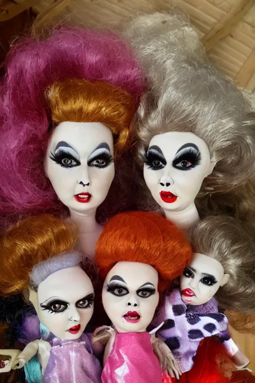 Prompt: drag queen ceramic dolls in creepy attic