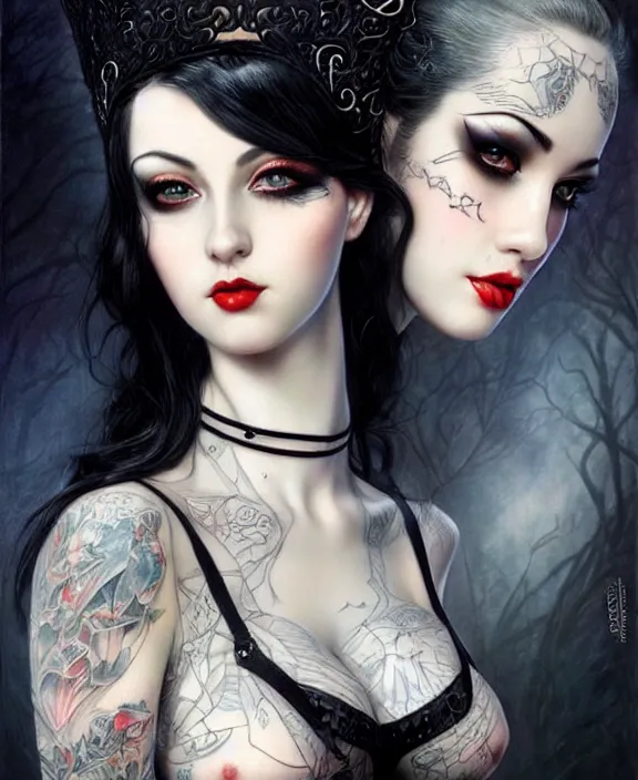 Image similar to two beautiful pale skin cosplay girls, gray eyes, black hair, fully tattooed body, fishnet corset with choker, symmetrical, beautiful detailed face, masterpiece, paint by karol bak