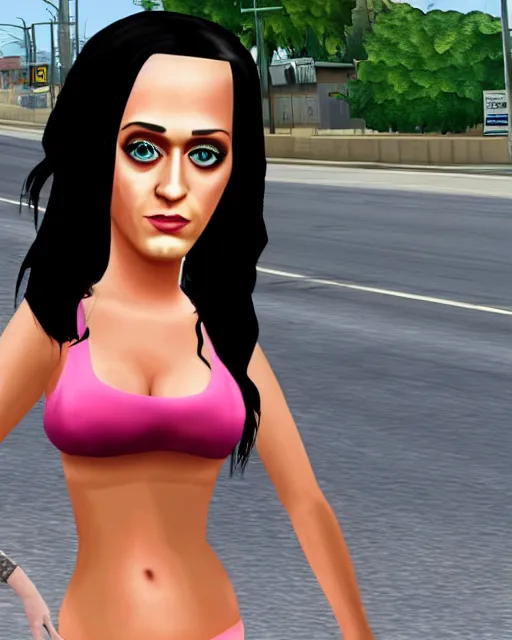 Prompt: Homeless katy perry in Grand Theft Auto San Andreas