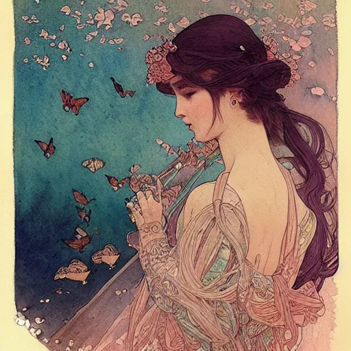 Image similar to a beautiful intricate watercolor illustration of a princess with birds 4 k, ultra - wide angle, by william turner, by victo ngai, by alphonse mucha, by moebius, by gustave dore, hd, trending on artstation, hyper detailed, muted intense colors