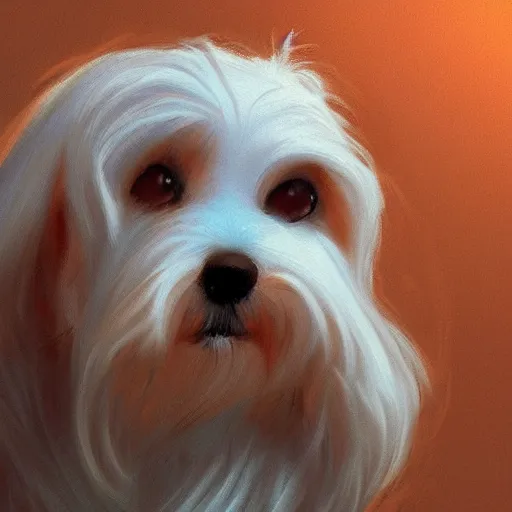 Prompt: a maltese terrier, concept art by guillermo martinez, artstation, golden hour, golden ratio portrait