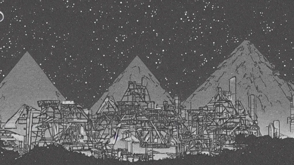 Image similar to a movie still from a studio ghibli film showing a huge industrial mining facility. a pyramid is under construction in the background, in the rainforest on a misty and starry night. a ufo is in the sky. by studio ghibli