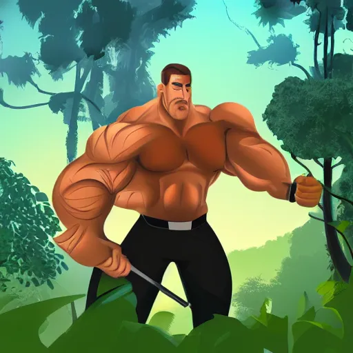 Image similar to a man with a big muscle holding a weapon in the middle of a jungle it's a sunny day and in the background there is a camp surrounded by a couple of trees digital concept art