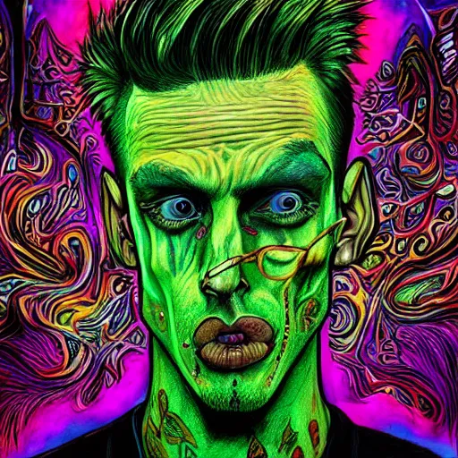 Image similar to an extremely psychedelic portrait of mgk as the riddler, surreal, lsd, face, detailed, intricate, elegant, lithe, highly detailed, digital oth, sharp focus, illustration,