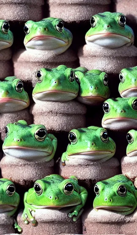 Image similar to a tower of frogs stacked on top of each other, HD nature photography, cute frog faces