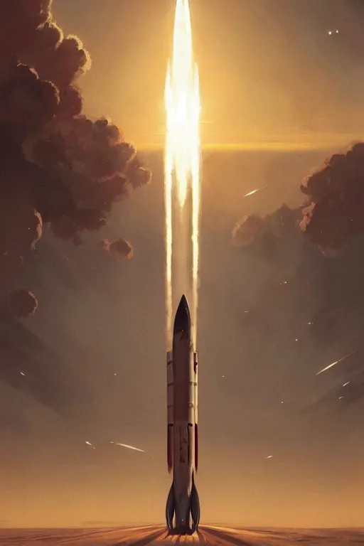 Image similar to poster artwork. distant rocket taking off. on the horizon. during golden hour. symmetry. washed out. desaturated. cinematic. art by wlop, mars ravelo and greg rutkowski.