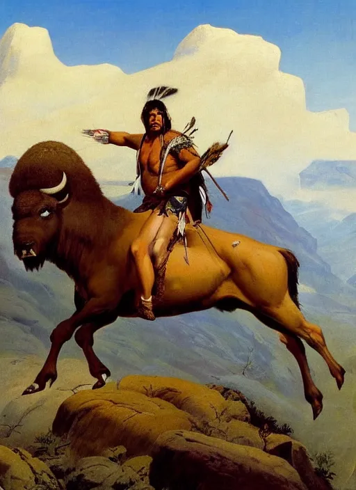 Image similar to native american riding bison, buffalo, native american warrior, mountain range, beautiful sky, standing on the edge of a cliff, 1 9 th century, painted by frazetta