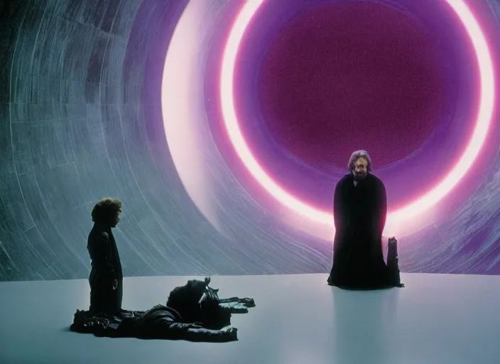Image similar to Luke skywalker kneels before a strange star wars alien jedi oracle, a mystic with infinite knowledge of time. a strange ethereal foggy pink land. still from the 1983 film space odyssey directed by Stanley Kubrick, symmetrical framing, anamorphic, Photographed with Leica Summilux-M 24 mm lens, kodak stock, ISO 100, f/8, Portra 400
