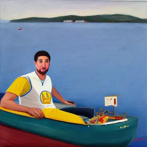 Image similar to klay thompson on a boat in the bay with his white rat, oil on canvas by wayne thiebaud