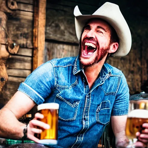 Image similar to epic portrait cinematic shot cowboy laughing and enjoy his drink of beer with friends, photography, realistic, detailed,