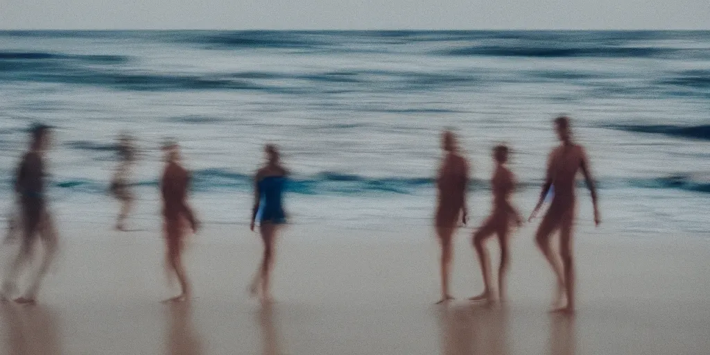 Image similar to blurry human figures on a beach, colourful, over exposure, sigma 8 5 mm, f 1. 8, photographed by uta barth,