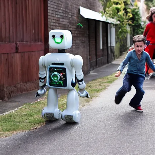 Image similar to in the style of 1960s, A scary robot is chasing after a couple of kids down the ally