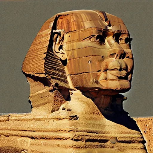 Prompt: an oil painting of the great sphinx of giza, with a human face a storm in the sky, sepia colors, impasto, wooden frame, 1 8 0 0's, sense of majestic epic wonder