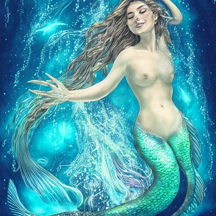 Image similar to a beautiful mermaid with divine feminine energy pouring out of her soul, underwater, bioluminescence, hyper - realistic, extremely detailed