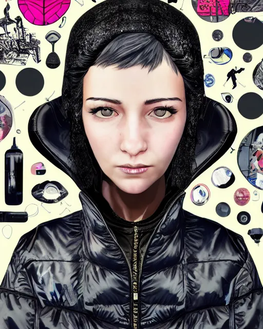 Image similar to detailed portrait guard girl with very short hair seen from the back, cyberpunk futuristic, reflective puffer jacket, black leggings, decorated with traditional ornaments in front of a dystopian crowd with piles of garbage perfect face, fine details, realistic shaded, fine - face, pretty face