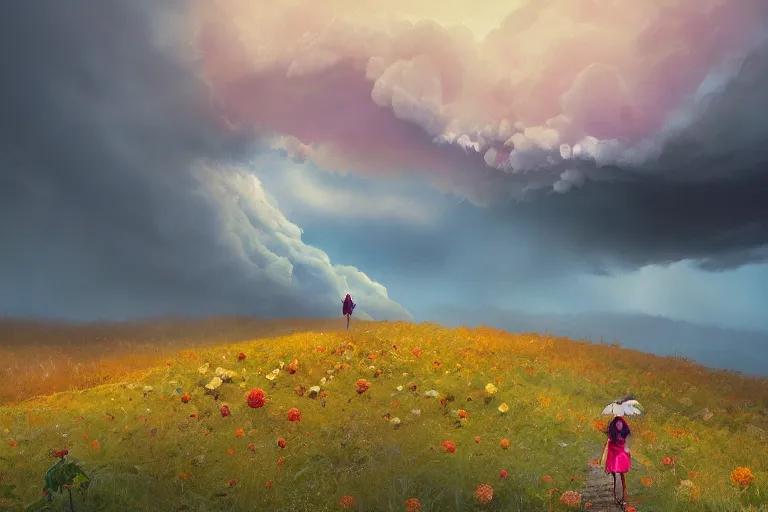 Image similar to giant dahlia flower head, girl walking on mountain, surreal photography, storm clouds, dramatic light, impressionist painting, digital painting, artstation, simon stalenhag