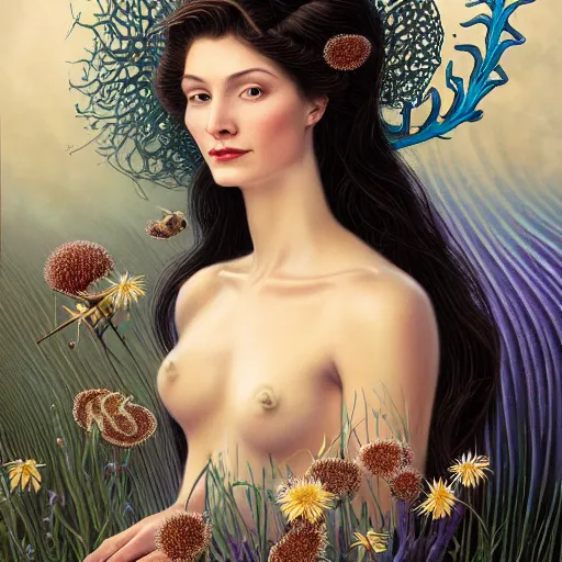 Image similar to facial portrait of a young gorgeous woman in flowing sensual dress, arrogant, long fine flowing hair, delicate, looking at camera, slightly awkward smile, realistic face, hands behind back, stylish, elegant, grimdark fantasy, flowers, extremely detailed painting inspired by Gerald Brom and Ernst Haeckel and Kaluta, studio lighting