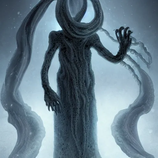 Image similar to concept designs for an ethereal ghostly wraith like figure with a squid like parasite latched onto its head and long tentacle arms that flow lazily but gracefully at its sides like a cloak while it floats around a frozen rocky tundra in the snow searching for lost souls and that hides amongst the shadows in the trees, this character has hydrokinesis and electrokinesis for the resident evil village video game franchise with inspiration from the franchise Bloodborne and the mind flayer from stranger things on netflix