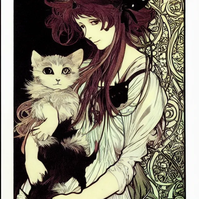 Image similar to gothic lolita and her cat companion. chiaroscuro manga artbook illustration by clamp and alphonse mucha.