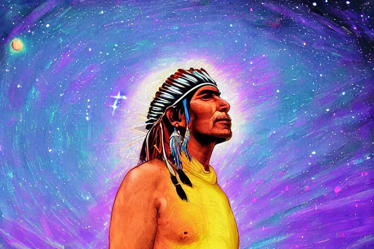 Image similar to digital art of a spiritual native american man looking up at the stars, acrylic art, universe, painting, pastel colors, synthwave, retro, cyberpunk,