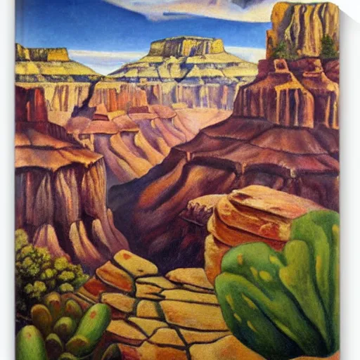 Prompt: Grand Canyon scene by Kahlo. FROG! FROG! FROG! FROG!