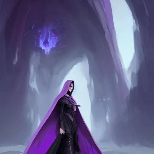 Image similar to female warlock long hood cloak purple, fighting monster with magic, 8 k, trending on artstation by tooth wu and greg rutkowski