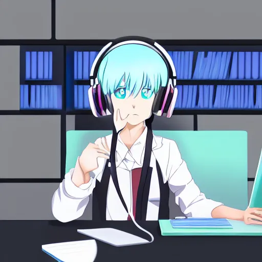 Prompt: anime girl with white hair and blue eyes, wearing cat ear headphones, sitting at desk at keyboard, programming, pixiv, anime