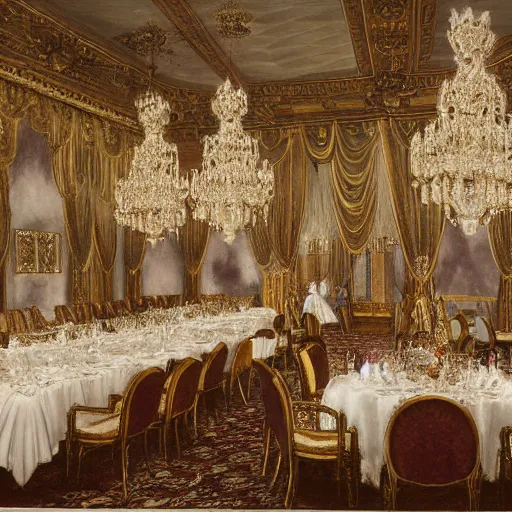 Prompt: opulent anglocore ballroom with tall ceilings and tall windows, overflowing feast buffet table, gentleman's club lounge, french provincial furniture, crowd eating and smoking pipes, waitress serving food, People sitting in chairs, incandescent lighting, fancy drapery on furniture, palace, victorian, rococo, french, english, monarchy, by Greg Rutkowski