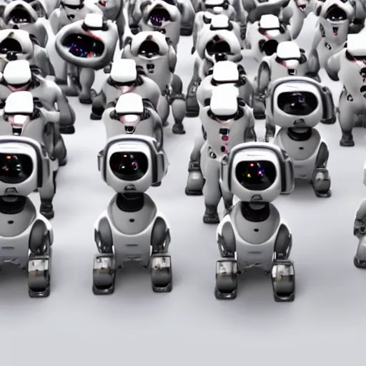 Prompt: photorealistic tv commercial with minimalistic white background of a large crowd of sony aibo robot dogs singing together