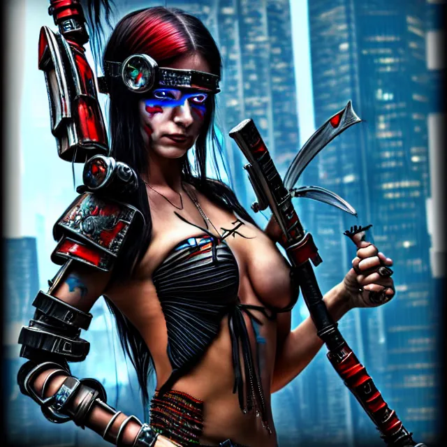 Prompt: cyberpunk harlequin warrior, highly detailed, 4 k, hdr, smooth, sharp focus, high resolution, award - winning photo, anne stokes, photorealistic