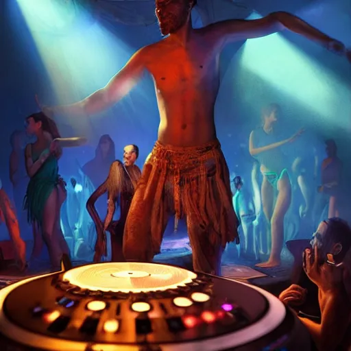 Image similar to a shaman dj in nightclub, people dancing in background, anatomy, bathed in light, highly detailed, photorealistic, artstation, smooth, sharp focus, illustration, unreal engine 5, 8 k, art by artgerm and greg rutkowski and edgar maxence