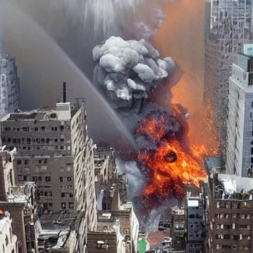 Image similar to a photo of a giant dog destroying new york citys buildings, explosions, fire