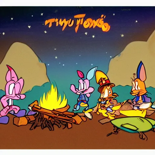 Prompt: tiny toons (1990) sitting around a campfire telling stories, photographic, 3D, UE5, ultra high textures, dark vignette, burning embers, nostalgic, muted colors, desaturated, volumetric, slightly drunk, candy rush, autochrome, tranquil, starry night, marshmallows, s'mores, 4K, 8K, HQ