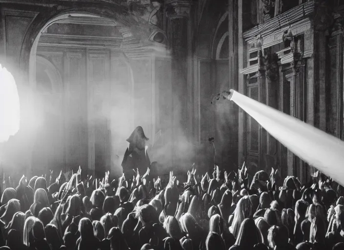 Prompt: a high resolution photograph of sunn o ) ) ) playing live at the vatican with monk robes, smoke machines, huge walls of amplifiers, many amplifiers stacked high, ornate