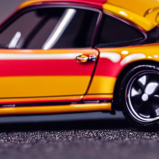 Image similar to close up photo of a small toy porsche 9 1 1 9 6 4 on a yellow road stripe, cinematic, shallow dof, 3 0 mm, 4 k, macro