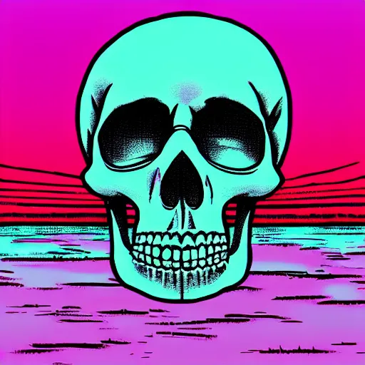 Image similar to white skull hovering over a pink ocean witha a purple sky, synthwave vaporwave