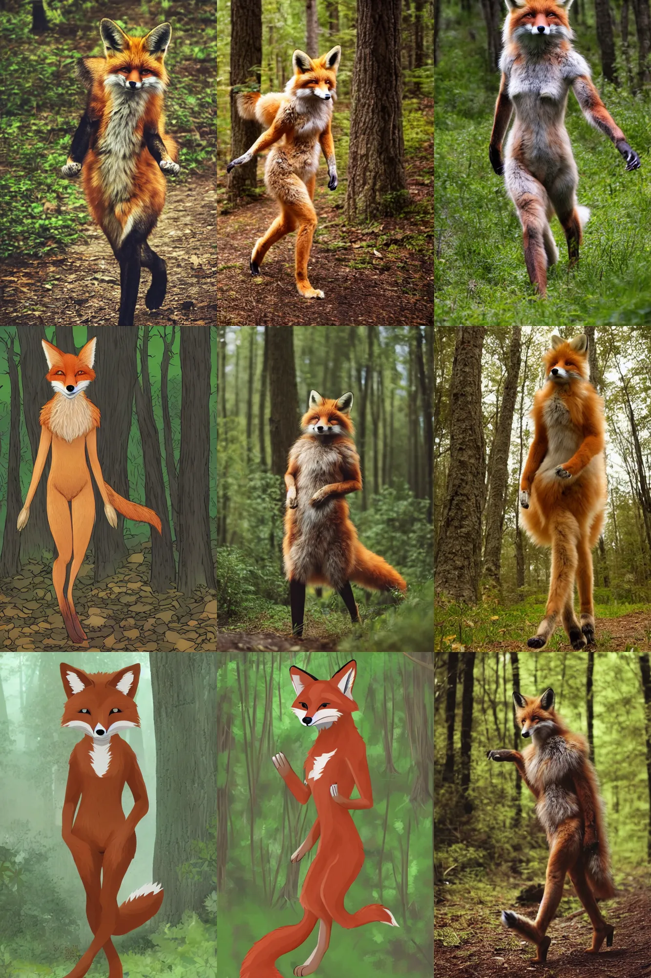 Prompt: anthro furry digitigrade natural - colored fox! woman with black paws, walking upright in a forest, cinematic