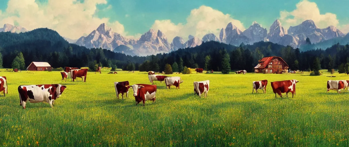 Image similar to a ultra photorealistic and sharp film still of an a sunny and colourful open field in 1 9 0 0 in the middle of the bavarian alps, germany. cows. wide shot, wes anderson, studio ghibli, pixar and disney animation, octane render, anime key art by greg rutkowski, dramatic lighting, award winning photography