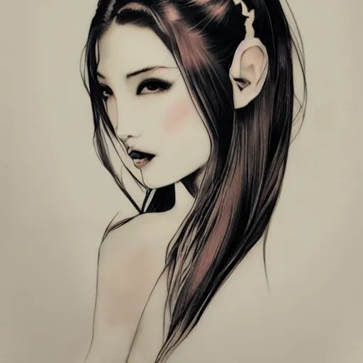 Image similar to tattoo design, stencil, beautiful young female, long dark hair, symmetrical facial features, Japanese, partially clothed in robe, by William-Adolphe Bouguerea and artgerm