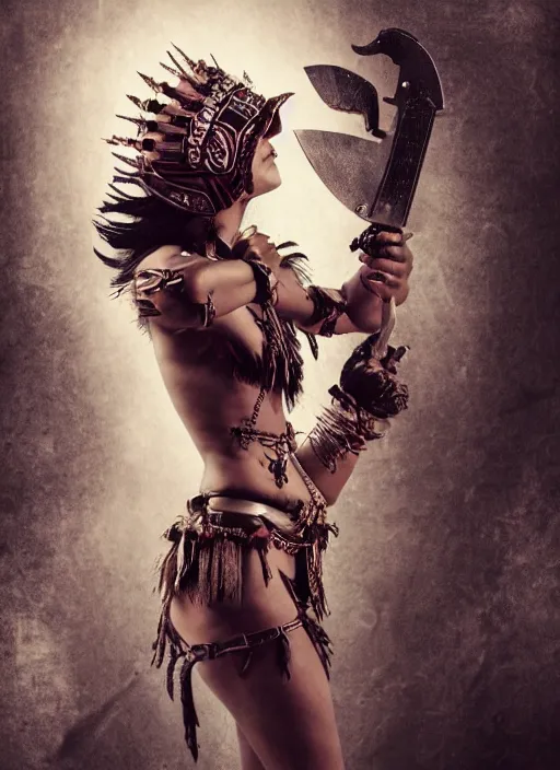 Prompt: fight, aztec goddes fights with knifes, vertical composition, inspired by monster hunter and dark fantasy and fashion, beautiful body, clean brutal blooded symmetrical face, sluty make up, epic,dramatic lighting, cinematic, establishing shot, extremely high detail, photorealistic, brutal, provocative , cinematic lighting, artstation, octane render, dark fantasy ,old photo, vintage, black and white, Boris vallejo