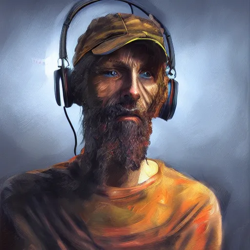 Image similar to homeless man gaming and streaming on a PC, expressive oil painting, digital art, matte art, gaming pc, headset