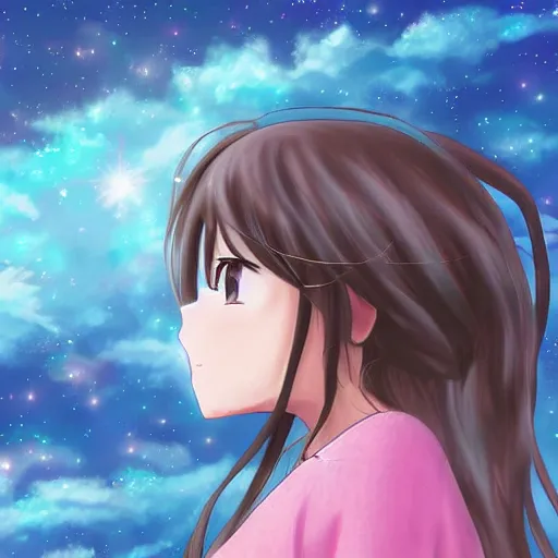Cute & adorable anime girl with twin tale, brown hair, brown eyes floating  in the space with floating soap bubbles