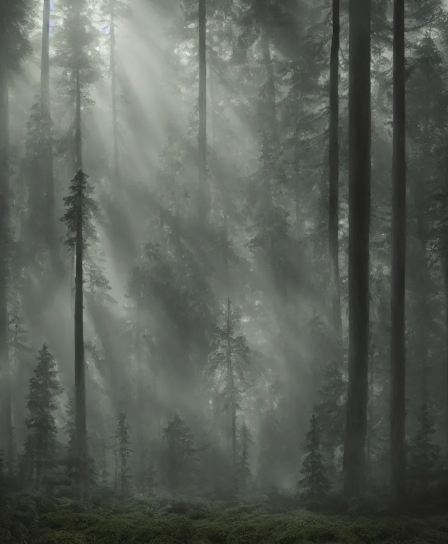 Image similar to dark forest mysterious creepy mist fog haze sunbeam matte painting concept art hyperreal ue5 unreal bob ross