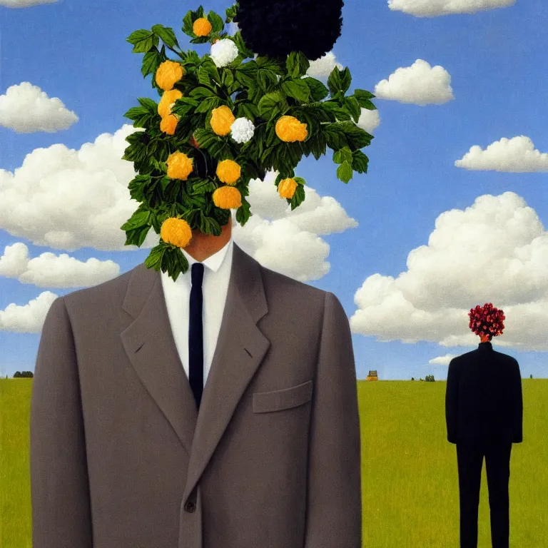 Image similar to portrait of a faceless beautiful flower - head man in a suit, clouds in the background, by rene magritte, detailed painting, distance, middle centered, hd, hq, high resolution, high detail, 4 k, 8 k