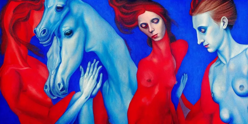 Image similar to only with blue, ney motogrosso in love with a red stallion, too many hands in all directions, in hoc signo vinces, waterfall, in the style of leonora carrington, gottfried helnwein, intricate composition, blue light by caravaggio, insanely quality, highly detailed, masterpiece, red light, artstation