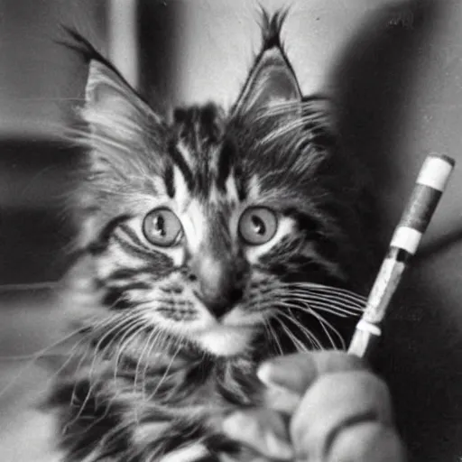 Prompt: close up of a maine coon kitten smoking a sigar, ww 2, black & white