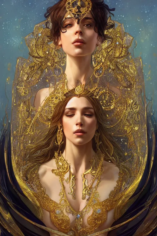 Image similar to a beautiful horse, gold jewellery, dnd, fantasy, intricate, elegant, highly detailed, digital painting, artstation, concept art, smooth, sharp focus, illustration, art by artgerm and greg rutkowski and alphonse mucha