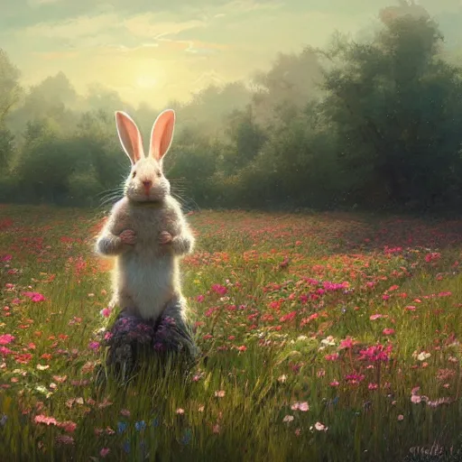 Image similar to a rabbit in a field of beautiful flowers, by stanley lau and greg rutkowski